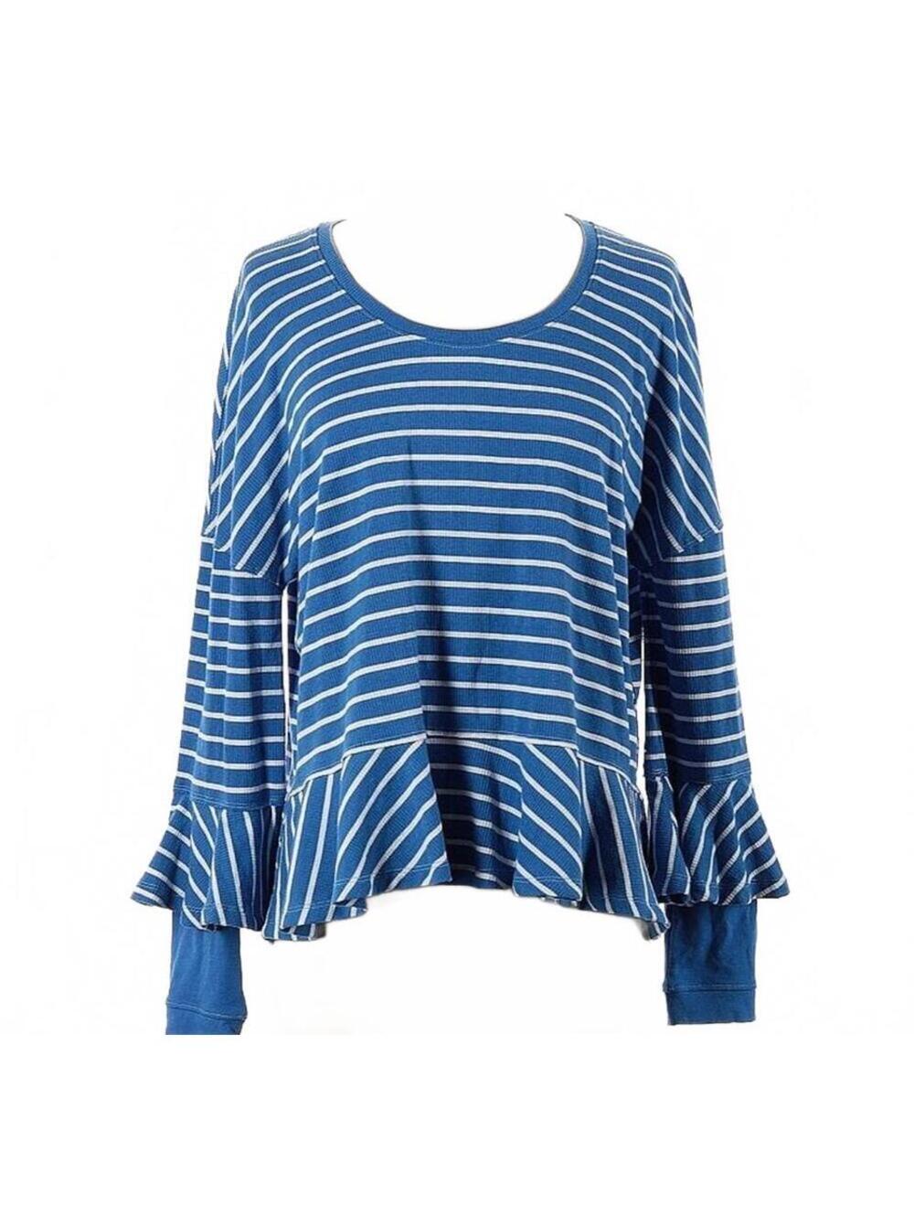 Free People Blue and White Striped Knit Top with Ruffle Trim, Scoop Neck, SM